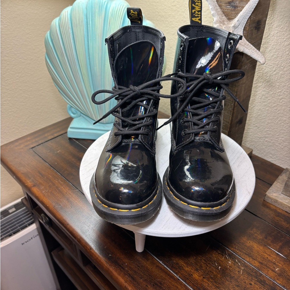 Dr. Martens Black Patent Lace-Up Boots with Yellow Tag